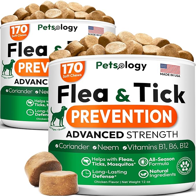 (2 Pack) Flea and Tick Prevention for Dogs Pills - 340 Chews - Natural Dog Flea & Tick Control - Oral Defense Treatment for Dogs Supplement - Vet Formulated - All Breeds & Ages - Made in USA-Mewly Pet
