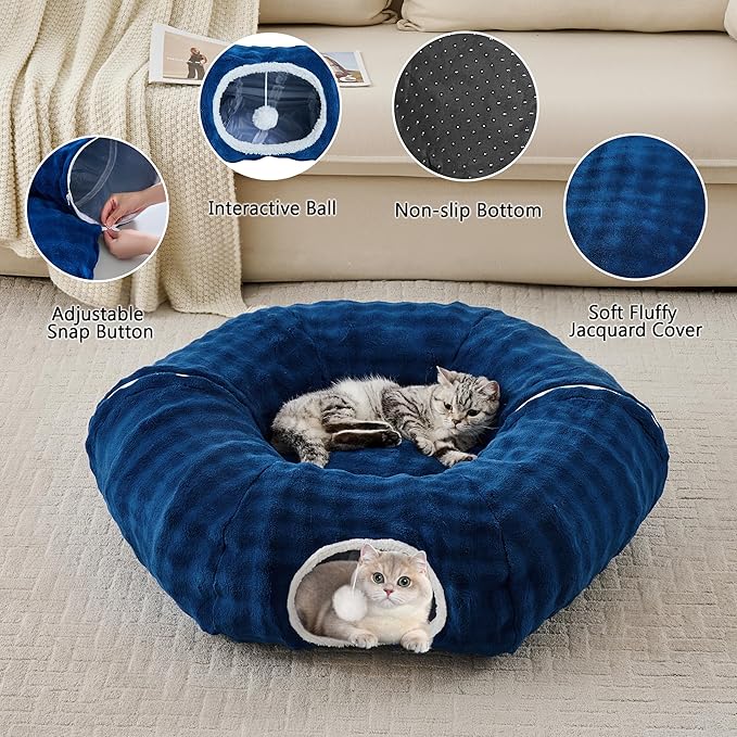 Bubble Cat Tunnel for Indoor Cats, Round Peekaboo Cave Toy with Dangling Balls, Donut Tunnel Bed with Circle Mat for Puppy Kitten Rabbit, Navy Blue-Mewly Pet