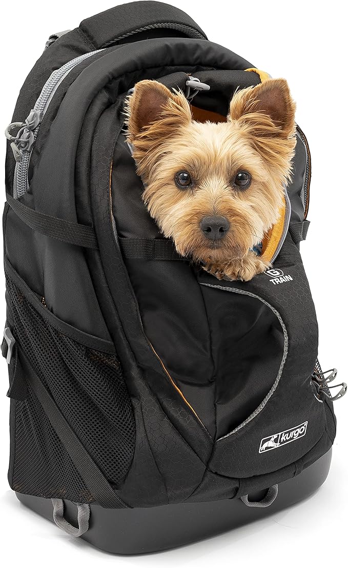 Kurgo G-Train - Dog Carrier Backpack for Small Pets - Cat & Dog Backpack for Hiking, Camping or Travel - Chest Straps & Hip Belt - Reflective - Two Water Bottle Sleeves - Waterproof Bottom (Black)-Mewly Pet