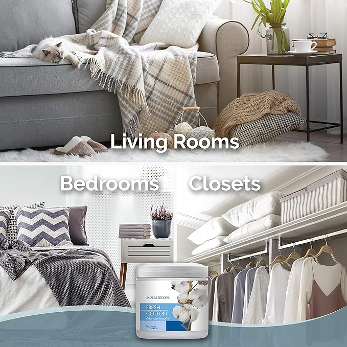 SMELLS BEGONE Air Freshener Odor Absorber Gel - 15 oz, Pack of 2 - Absorbs and Eliminates Odor in Pet Areas, Bathrooms, Cars, & Boats - Made with Essential Oils - Fresh Cotton Scent-Mewly Pet