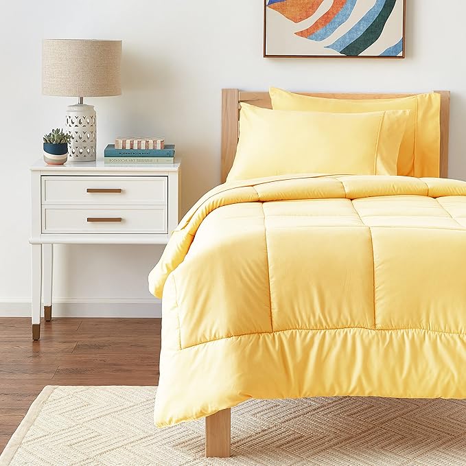 Sweet Home Collection 5 Piece Comforter Set Bag Solid Color All Season Soft Down Alternative Blanket & Luxurious Microfiber Bed Sheets, Yellow, Twin (Pack of 4)