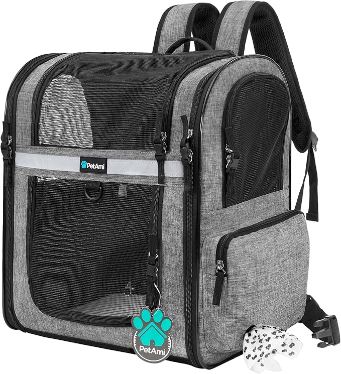 PetAmi Dog Backpack Carrier for Small Large Cat, Pet, Puppies, Ventilated Pet Hiking Backpack Travel Bag, Airline Approved Cat Backpack Carrier, Safety Back Support, Camping Biking, Max 18 lbs, Grey-Mewly Pet