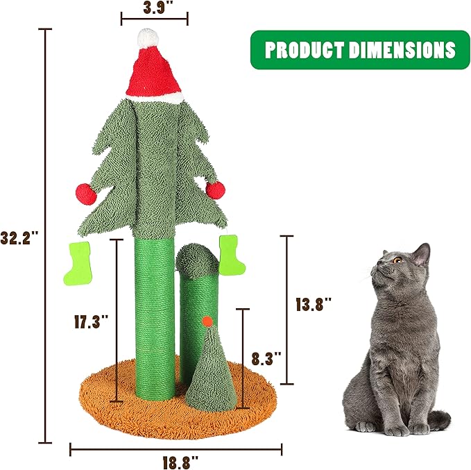 32” Cat Scratching Post, Tall Christmas Tree Cat Scratcher with 3 Posts and Cute Dangling Teaser Balls, Natural Sisal Rope Cat Toys for Kitty and Adult Cats-Mewly Pet