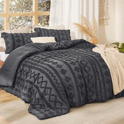 Bedsure Tufted Boho Comforter Set Twin Size - Dark Grey Boho Bed Set, GentleSoft™ 2 Pieces Farmhouse Shabby Chic Embroidery Bedding, Gifts for Woman, Soft Jacquard Twin Comforter for All Seasons