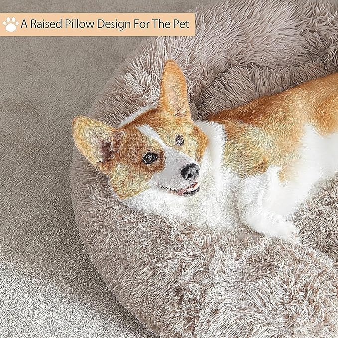 WNPETHOME Calming Dog Beds for Large Dogs, Anti-Anxiety Donut Large Pet Bed, Fluffy Faux Fur Plush Dog Bed，Warming Cozy Soft Round Lagre Dogs Bed for Pet, Cat Cuddler Cushion Bed-Mewly Pet