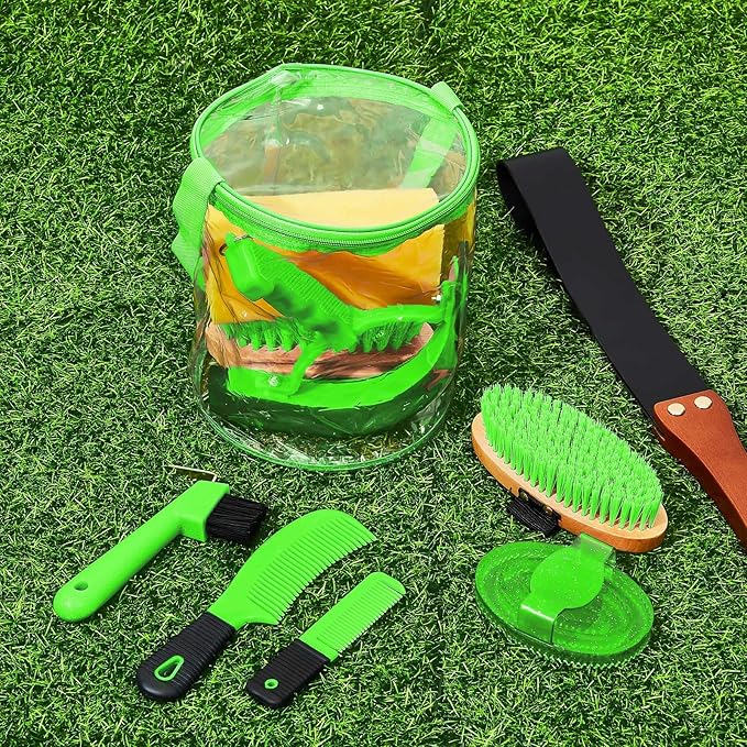 9 Pieces Horse Grooming Kit Tack Room Supplies Set with Organizer Tote Bag, Oval Massage Curry, Hard and Soft Brush, Hoof Pick, Sweat Scraper, Bathing Sponge, Combs for Horse Riders Beginners (Green)-Mewly Pet