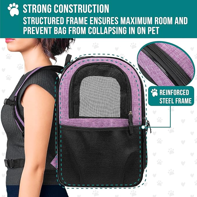 PetAmi Dog Backpack Carrier For Small Large Cat, Pet, Puppies, Ventilated Pet Hiking Backpack Travel Bag, Airline Approved Cat Backpack Carrier, Safety Back Support, Camping Biking, Max 18 lbs, Purple-Mewly Pet