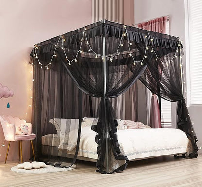 Mengersi Black Bed Canopy, 4 Corner Post Bed Canopy Curtains, Quick and Easy Installation for King Size Beds