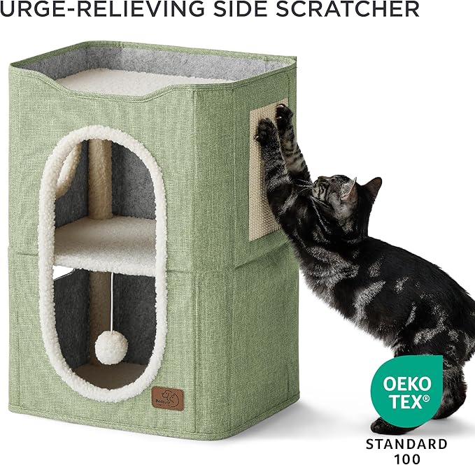 Bedsure 2 Story Cat House - Cat Condos for Indoor Cats with Scratch Pad and Fluffy Ball Hanging, Small Pet Cave Furniture Hideaway for Multi Pets, 18x14x23 inches, Green-Mewly Pet