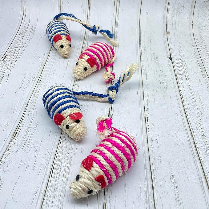 LUOZZY 4Pcs Cat Mouse Toys Adorable Sisal Mice Toys Kitten Chewing Toy Funny Indoor Animal Shape Props Pet Supplies - Blue+Pink 1.38x5.11in-Mewly Pet
