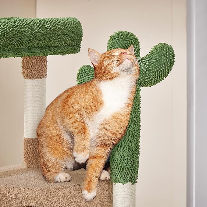 Yaheetech Cactus Cat Tree, 42in Cat Tower for Indoor Cats, Multi Level Kitten Condo Scratching Post, Pet Activity Center Furniture w/Ball, Plush Perch, Platform, Basket, Brown/Green-Mewly Pet
