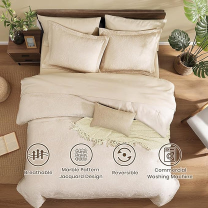 Monbix King Size Comforter Set, Birch Marble Pattern King Size Bed Set Reversible, King Bedding Set 7 Pieces, Bed in a Bag with Comforter, Sheets, Pillowcases & Shams