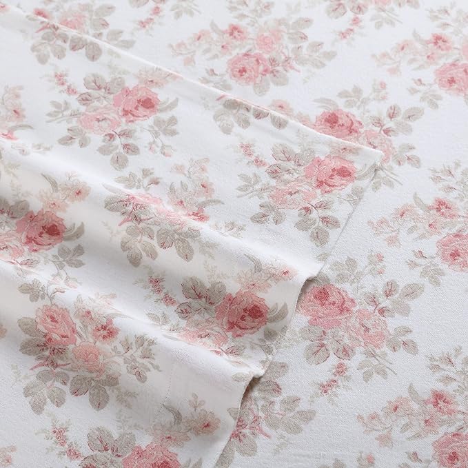 Laura Ashley - Flannel Sheets Twin Size, Anti-Pilling & Wrinkle Resistant Cotton, Touchably Soft for All-Season Comfort - Bed Sheets with Matching Pillowcase & Fitted Sheet (Lisalee Pink)