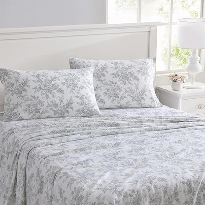 Laura Ashley - Flannel Sheets Twin Size, Anti-Pilling & Wrinkle Resistant Cotton, Touchably Soft for All-Season Comfort - Bed Sheets with Matching Pillowcase & Fitted Sheet (Vanessa Grey)