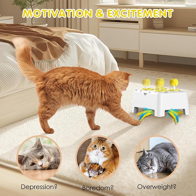 Cat Toys, 2 in1 Automatic Interactive Cat Toys for Indoor Cats, 4 Holes Mice Whack a Mole Cat Mouse Toy with Moving Feather, Rechargeable USB Power Kitten Feather Toys for All Breeds (Yellow)-Mewly Pet