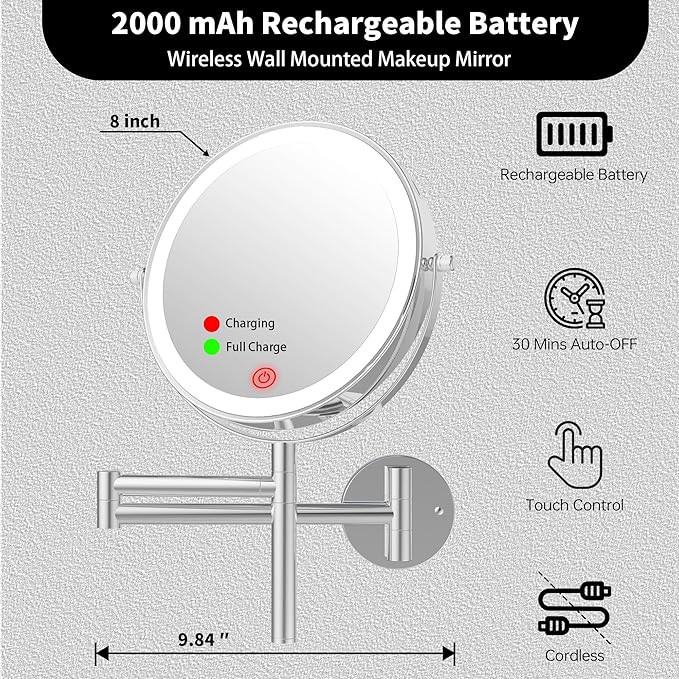 8" Wall Mounted Makeup Mirror with Handle, 3 Color Lights Dimmable and 1X/10X Magnification, Rechargeable Bathroom Wall Mount Magnifying Mirror with Extension Arm Height Adjustable Chrome