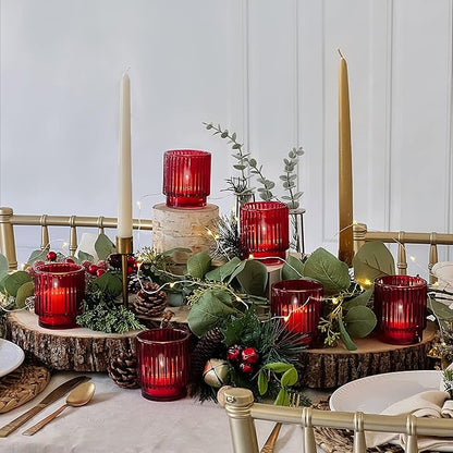 Kate Aspen Vintage Ribbed Red Glass Tealight & Votive Candle Holders (Set of 6), Fall Decor, Boho Decor, Shelf Decoration (27206RD)