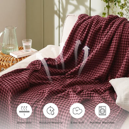 Bedsure Cooling Cotton Waffle Weave Blanket - Lightweight Breathable Blanket of Rayon Derived from Bamboo for Hot Sleepers, Luxury Throws for Bed, Couch and Sofa, Burgundy, 50x70 Inches