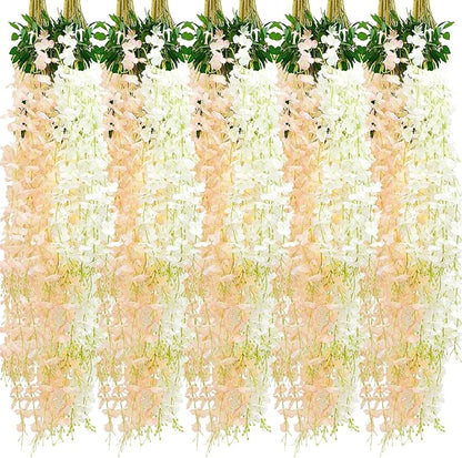 Giegxin 24 Pcs Artificial Wisteria Hanging Flowers 3.6 ft Artificial Fake Wisteria Vine Rattan Hanging Garland Silk Flowers String for Wall Home Wedding Party Greenery Decorations (Champagne,White)