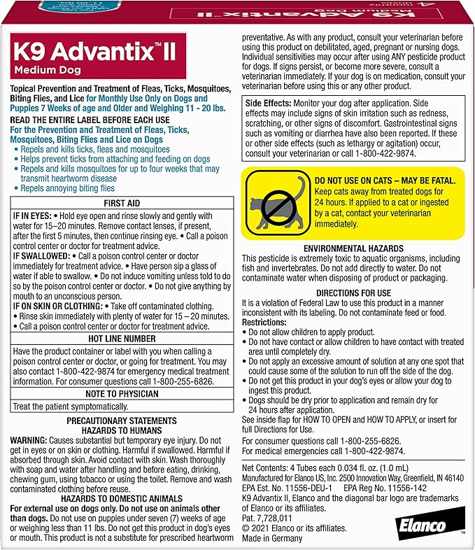K9 Advantix II Medium Dog Vet-Recommended Flea, Tick & Mosquito Treatment & Prevention | Dogs 11-20 lbs. | 4-Mo Supply-Mewly Pet