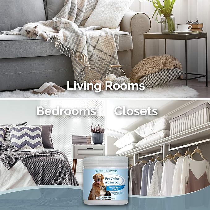 SMELLS BEGONE Air Freshener Pet Odor Absorber Gel - 15 oz, Pack of 2 - Absorbs and Eliminates Odor in Pet Areas, Bathrooms, Cars, & Boats - Made with Essential Oils - Soothing Breeze Scent-Mewly Pet