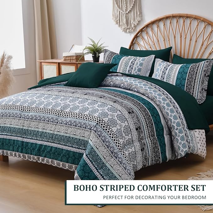 Cottolester Boho Comforter Set Queen Size,8 Pieces Emerald Green Bohemian Striped Bed in a Bag,Paisley Soft Microfiber Bedding Comforter Set