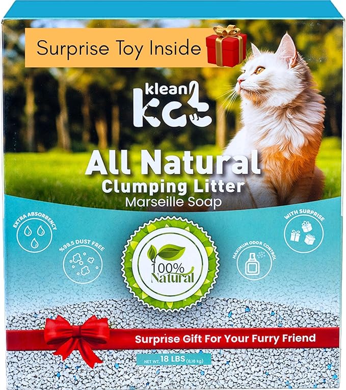 All Natural Clumping Cat Litter – Multiple Scents – Low Dust, Odor Control – (Marseille Soap) 18 lb - Surprise Toy Inside-Mewly Pet