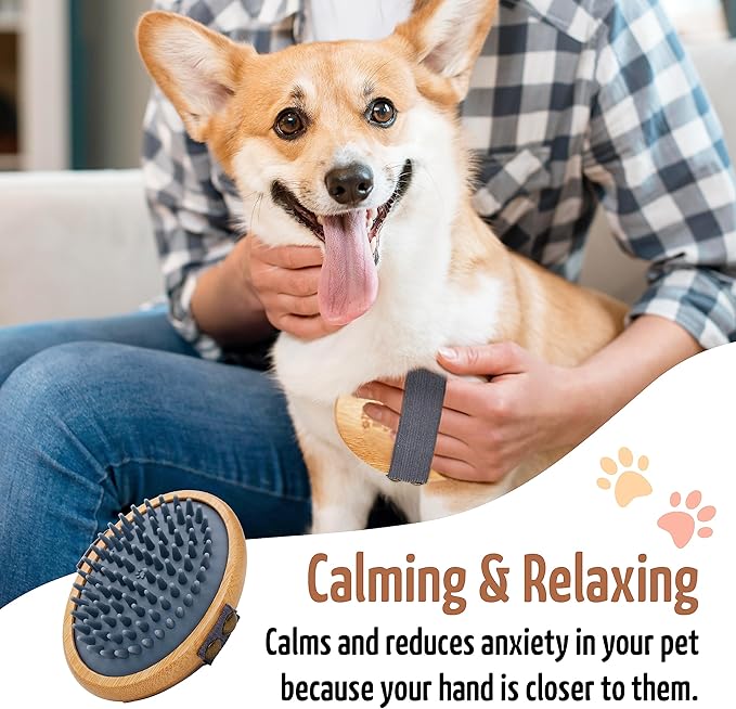 The Buddy System Rubber Pet Close Brush, Soft Touch Oval Palm Brush - Bamboo Massage Handheld with Rubber Bristles and Elastic Band for Dogs and Cats - Gray-Mewly Pet