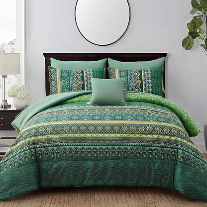 Boho Green Comforter Set Queen Size,8 Piece Bed in a Bag Bohemian Striped Bedding Quilt Set,Dark green Paisley Floral Comforter and Sheet Set,Soft Microfiber Complete Bedding Sets for All Season