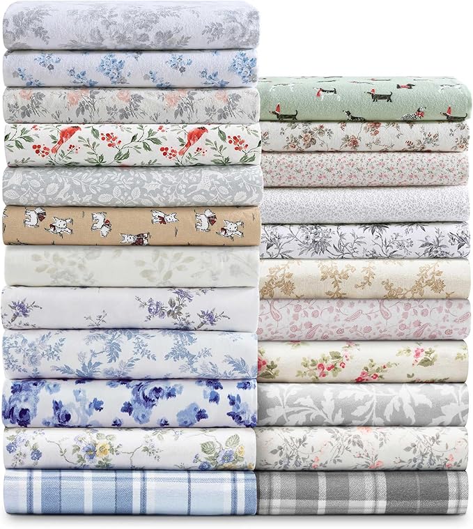 Laura Ashley - Flannel Sheets King Size, Anti-Pilling & Wrinkle Resistant Cotton, Touchably Soft for All-Season Comfort - Bed Sheets with Matching Pillowcases & Fitted Sheet (Jolly Cardinals Green)