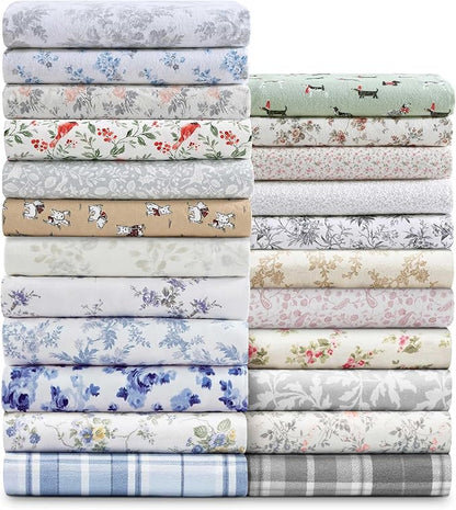 Laura Ashley - Flannel Sheets King Size, Anti-Pilling & Wrinkle Resistant Cotton, Touchably Soft for All-Season Comfort - Bed Sheets with Matching Pillowcases & Fitted Sheet (Jolly Cardinals Green)