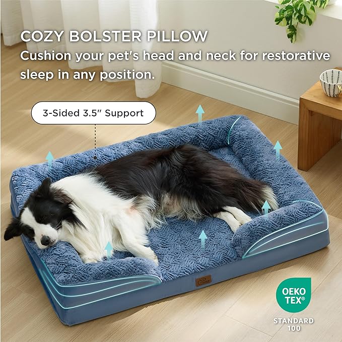 Bedsure Orthopedic Dog Beds Large Sized Dog - Washable Large Dog Cat Bed Waterproof, Comfort Dogs Couch Sofa with Washable Removable Cover, Pet Bed with Nonskid Bottom, Plush-Blue, 35"-Mewly Pet