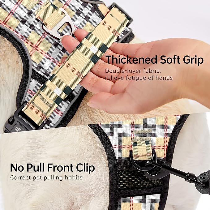 NESTROAD No Pull Dog Harness with Leash, Reflective No Choke Pet Vest Harness,Adjustable Soft Padded Dog Harness with Easy Control Handle for Medium Dogs(Checkered Beige,Medium)-Mewly Pet