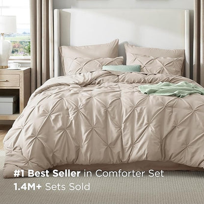 Bedsure California King Comforter Set Beige - Bed in a Bag Cal King Bedding Set 7 Pieces, GentleSoft™ Pintuck Bed Set Gift for Family, Pinch Pleat Beige Comforter with Sheets, Pillowcases & Shams