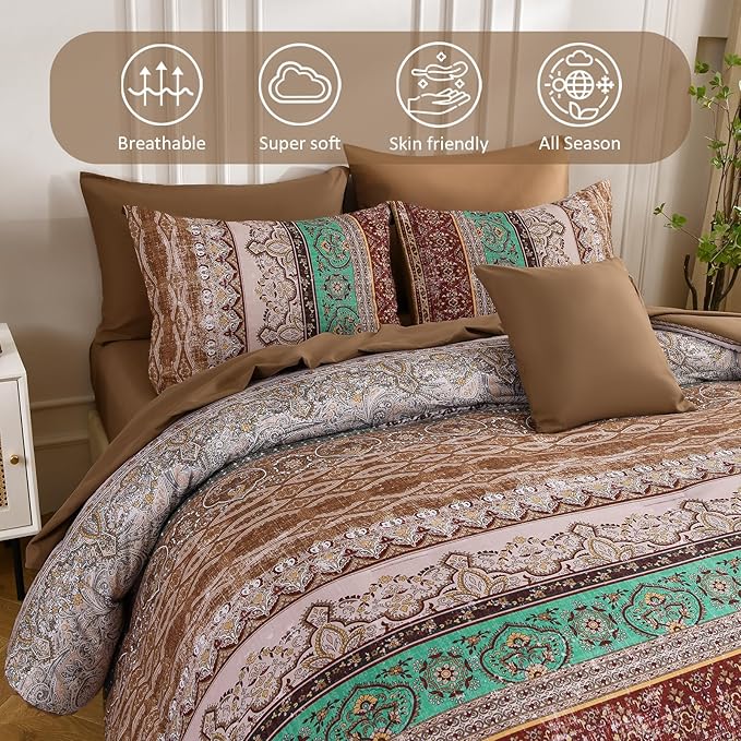 Boho King Size Comforter Set 8 Pieces, Brown Bohemian Striped Bed in a Bag, Paisley Soft Microfiber Bedding Comforter Set