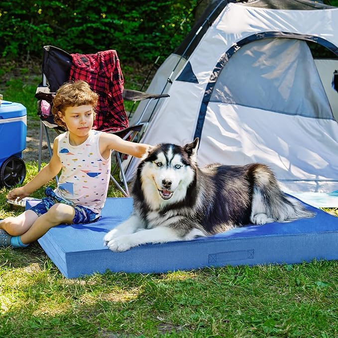 FurHaven Cooling Dog Bed – XXL Foam Mattress for Joint Pain Relief, Waterproof Liner, Removable Washable Cover, Durable for Outdoor Use, Deluxe Grid Indoor/Outdoor Bed – Blue, Jumbo Plus-Mewly Pet