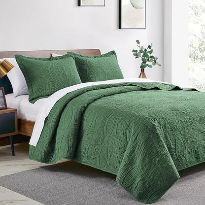 Love's cabin Quilts for Full Bed Olive Green Bedspreads Bedding Set - Lightweight Bedspread Comforter - Coin Pattern Bedding Coverlet for All Season - 3 Pieces (1 Quilt, 2 Pillow Shams)