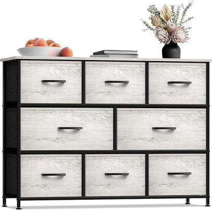Sorbus Dresser with 8 Faux Wood Drawers - Chest Organizer Unit with Steel Frame Wood Top & Handle Easy Pull Fabric Bins for Clothes - Wide Storage Furniture for Bedroom Hallway, Living Room & Closet