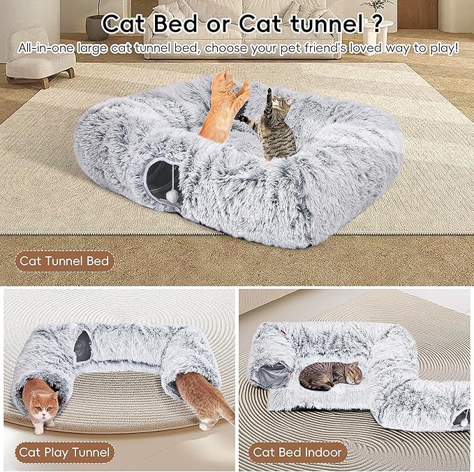 Extra Large Cat Tunnel Bed, 4 Ways Tunnels for Indoor Cats, Multi-cat Family Peekaboo Cave & Cat Bed, Plush Cat Donut with Washable Middle Mat, Exit Balls, Pet Play Toy for Kitten Puppy Rabbit-Mewly Pet