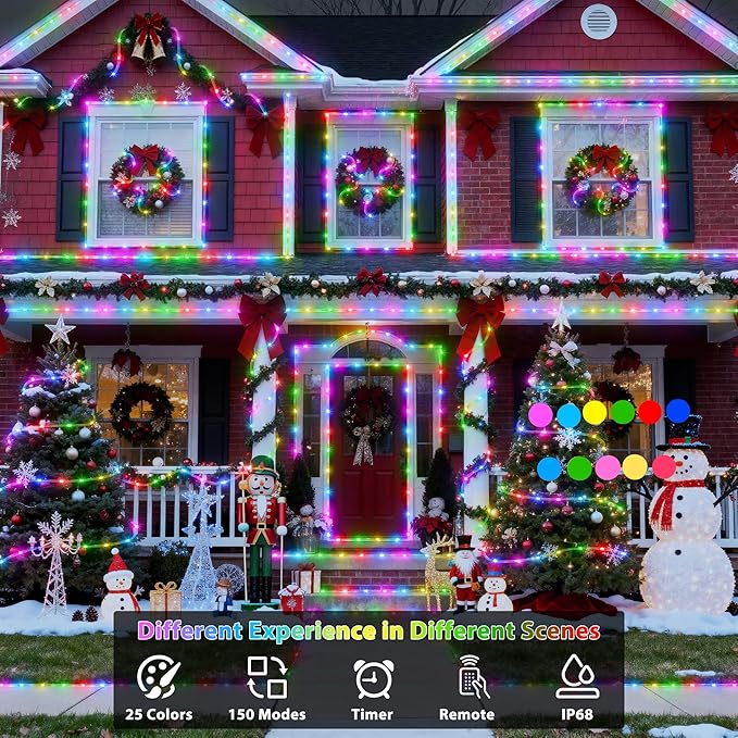 50ft 150LED Rope Lights Outdoor String Lights, 24 Colors+Warm White Outdoor LED Lights Plug in, RGB Color Changing Rope Light with Remote Rope Lighting for Camping Garden Patio Party Christmas