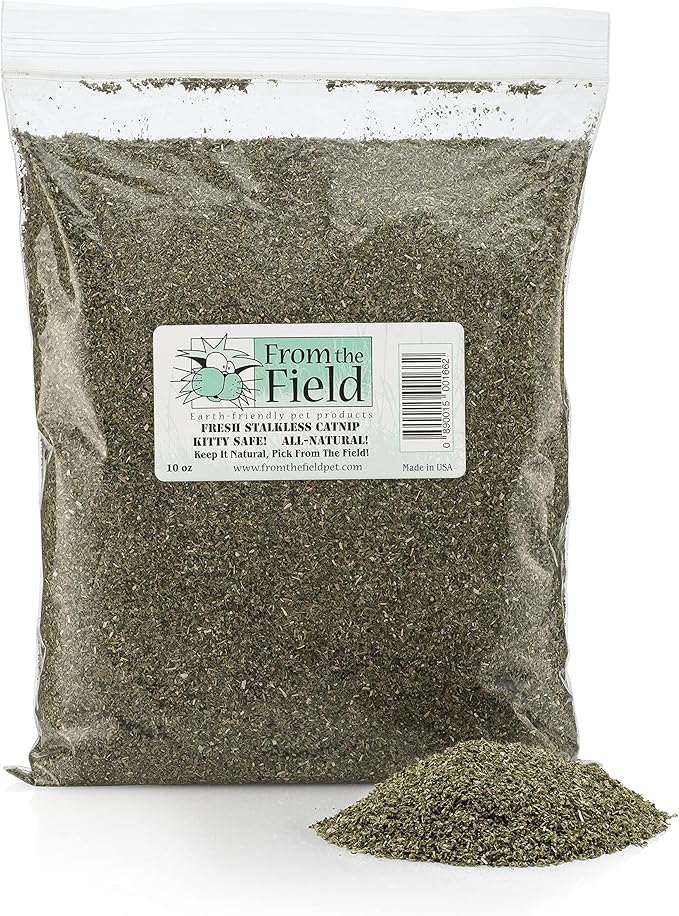 from The Field | Fine Ground Stalkless Catnip | Premium USA-Grown Catnip for Toys & Playtime | Fresh, Potent, Non-Toxic, Eco-Friendly | Safe for Kittens & Cats | Resealable 10 Oz Bag-Mewly Pet