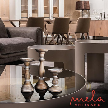 Mela Artisans Wooden Pillar Candle Holders | Tuli Design | Set of 3 Mango Wood Candlesticks | Whitewash | Sizes 6" & 9" & 12" | Decorative Centerpiece for Table | Mantel | Wedding | Living Room Decor