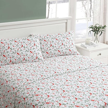 Laura Ashley - Flannel Sheets Queen Size, Anti-Pilling & Wrinkle Resistant Cotton, Touchably Soft for All-Season Comfort - Bed Sheets with Matching Pillowcases & Fitted Sheet (Jolly Cardinals Green)