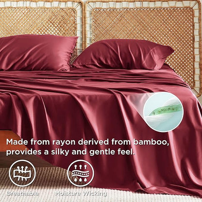 Bedsure California King Sheet Sets, Cooling Sheets, Rayon Derived from Bamboo, Breathable & Soft, Deep Pocket Up to 16 Inches, Hotel Luxury Silky Bedding for Hot Sleepers, Burgundy