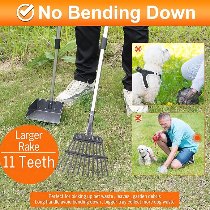 Dog Pooper Scooper, Adjustable Handle Poop Scooper with Tray,Rake and Spade Set of 3, Steel Stainless Poop Scoop for Medium Large Dogs and Pet Waste on Grass, Dirt and Gravel (Large Size)-Mewly Pet