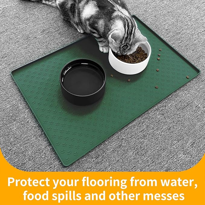 Ptlom Pet Placemat for Dog and Cat, Waterproof Silicone Pet Feeding Bowl Mats for Food and Water, Small Medium Large Dogs Mat Prevent Residues from Spilling to Floor, Hunter Green, 18" 12"-Mewly Pet
