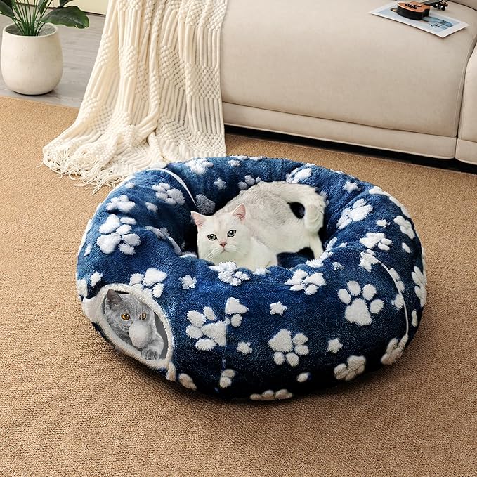 Cat Tunnel for Indoor Cats, Cute Peekaboo Cat Cave with Dangling Balls, Pet Donut Tunnel Bed with Circle Mat for Puppy Kitten Rabbit, Blue Paw-Mewly Pet