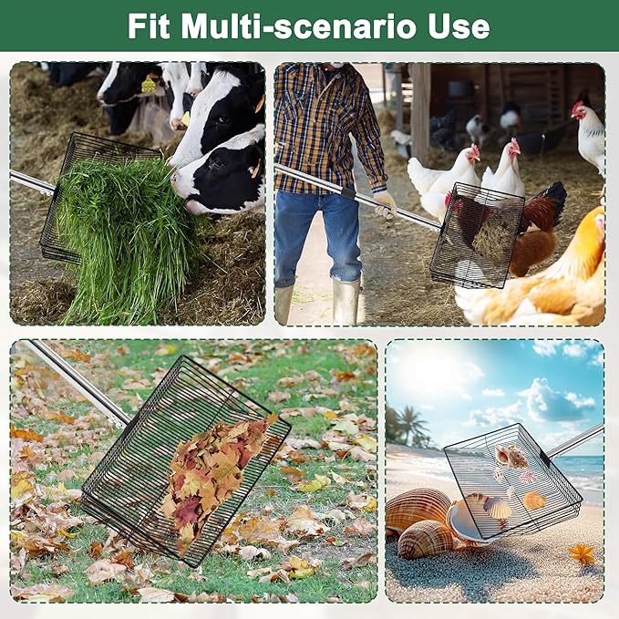 15-inch Large Chicken Poop Scooper, 5 in 1 Adjustable Chicken Coop Scoop with Ergonomic Grip, 24" to 77" Long Stainless Steel Sifting Litter Shovel Pooper Scooper Chicken Coop Accessories-Mewly Pet