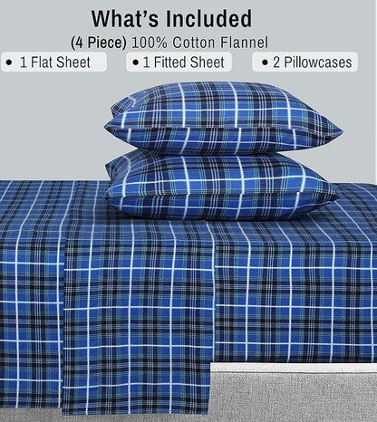 RUVANTI Flannel Sheets King Size - 100% Cotton Brushed King Size Sheets Set - Deep Pockets 16 Inches Bed Sheets - All Seasons Breathable & Extra Soft - Warm & Cozy, 4 Piece, Blue Plaid