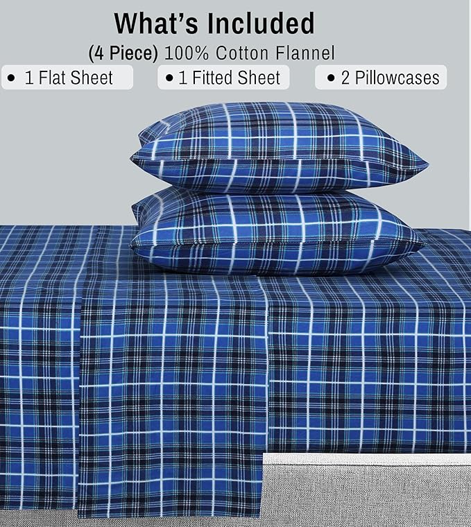RUVANTI Flannel Sheets Full Size - 100% Cotton Double Brushed Bed Sheets Set, Deep Pockets 16 Inches, All Seasons Breathable & Extra Soft Full Sheets, Warm & Cozy, 4 Piece, Blue Plaid